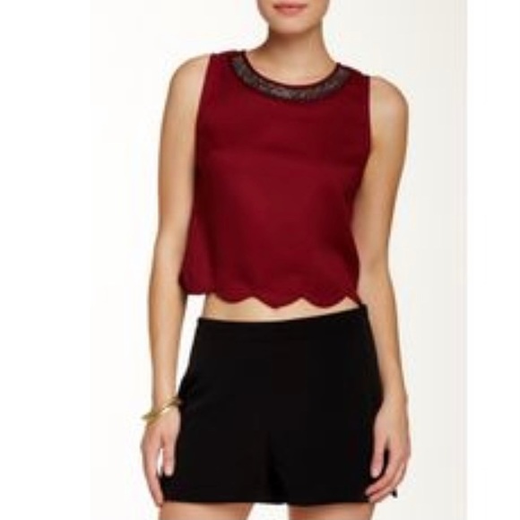 NWOT LUSH Scalloped Hem GUNMETAL Beaded Neckline CROP Sleeveless Blouse TOP M - Picture 10 of 11